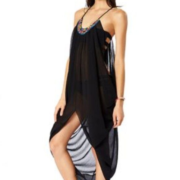 Mara Hoffman Beach Boho Pool Vacation Sheer Beaded Long Black Swim Coverup S M L - Picture 3 of 8